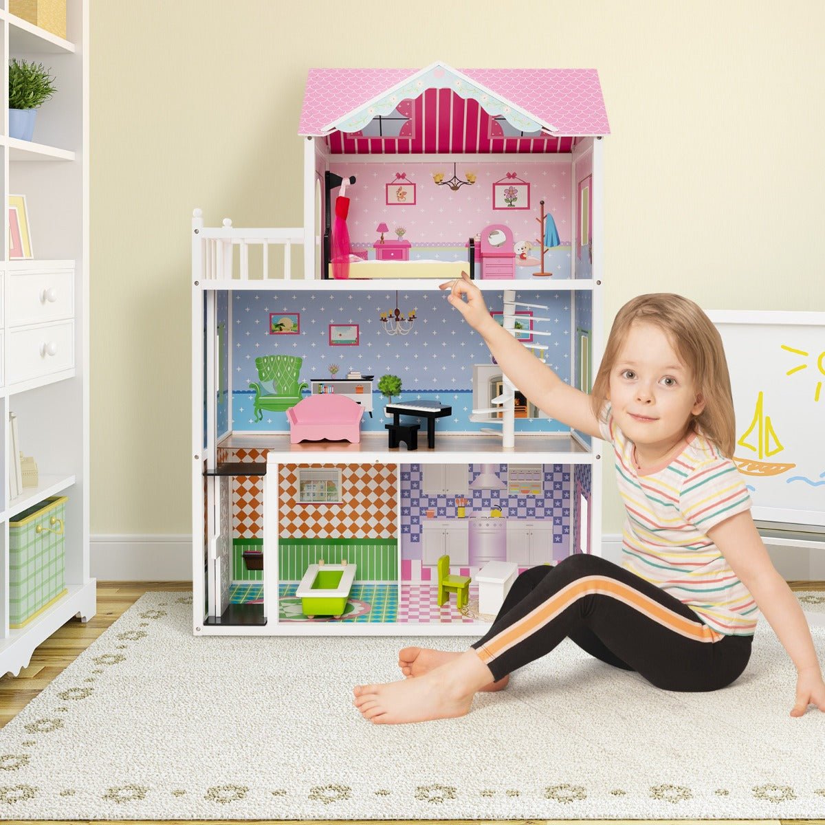 Wooden dollhouse with elevator and furniture set, perfect for imaginative play in kids bedrooms.