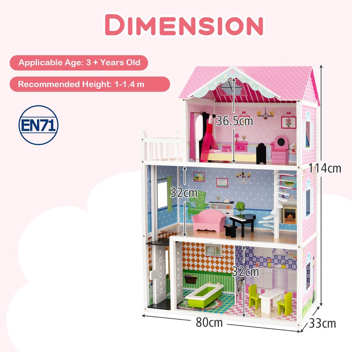 Kids wooden dollhouse with elevator and furniture set for imaginative play at home.