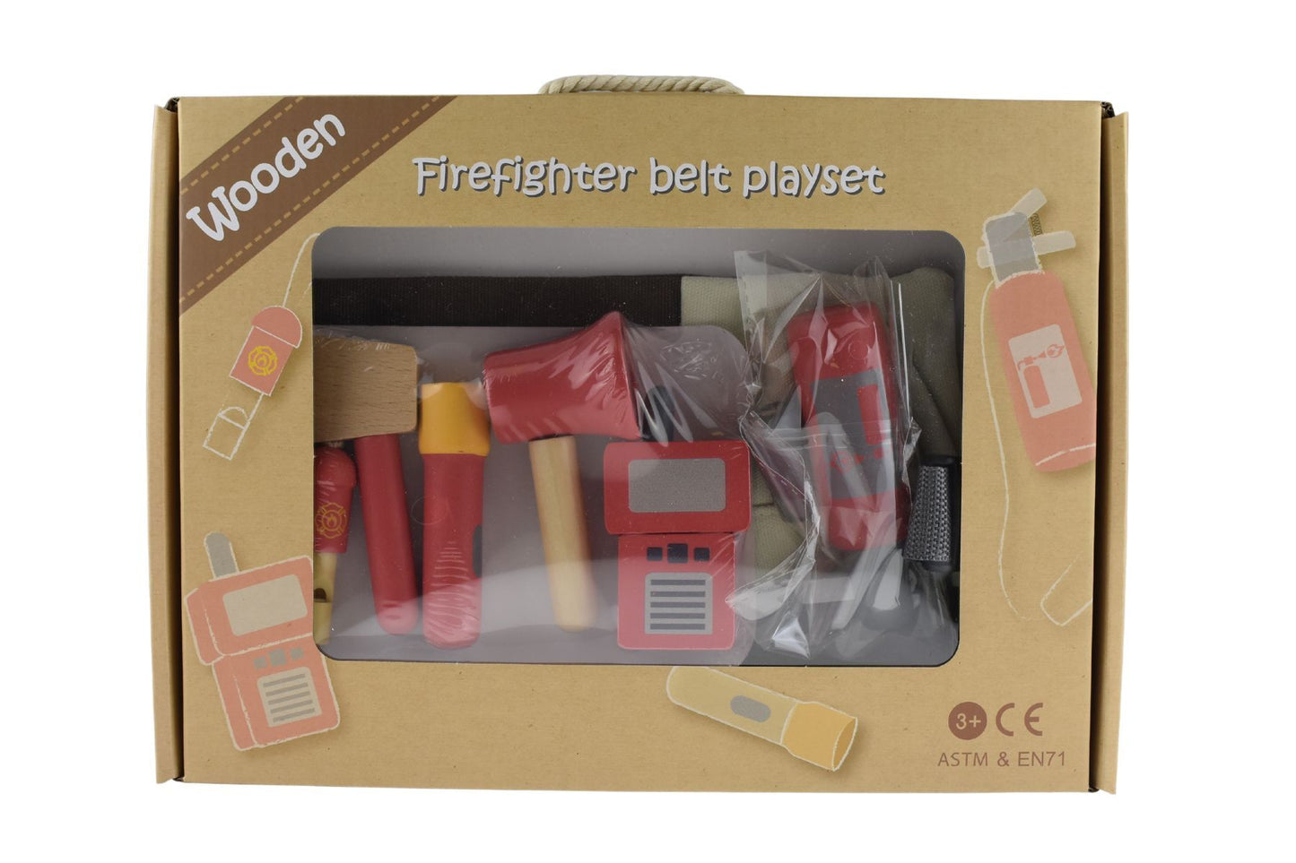 Wooden firefighter belt playset for imaginative role-playing fun, perfect for kids creative playtime.