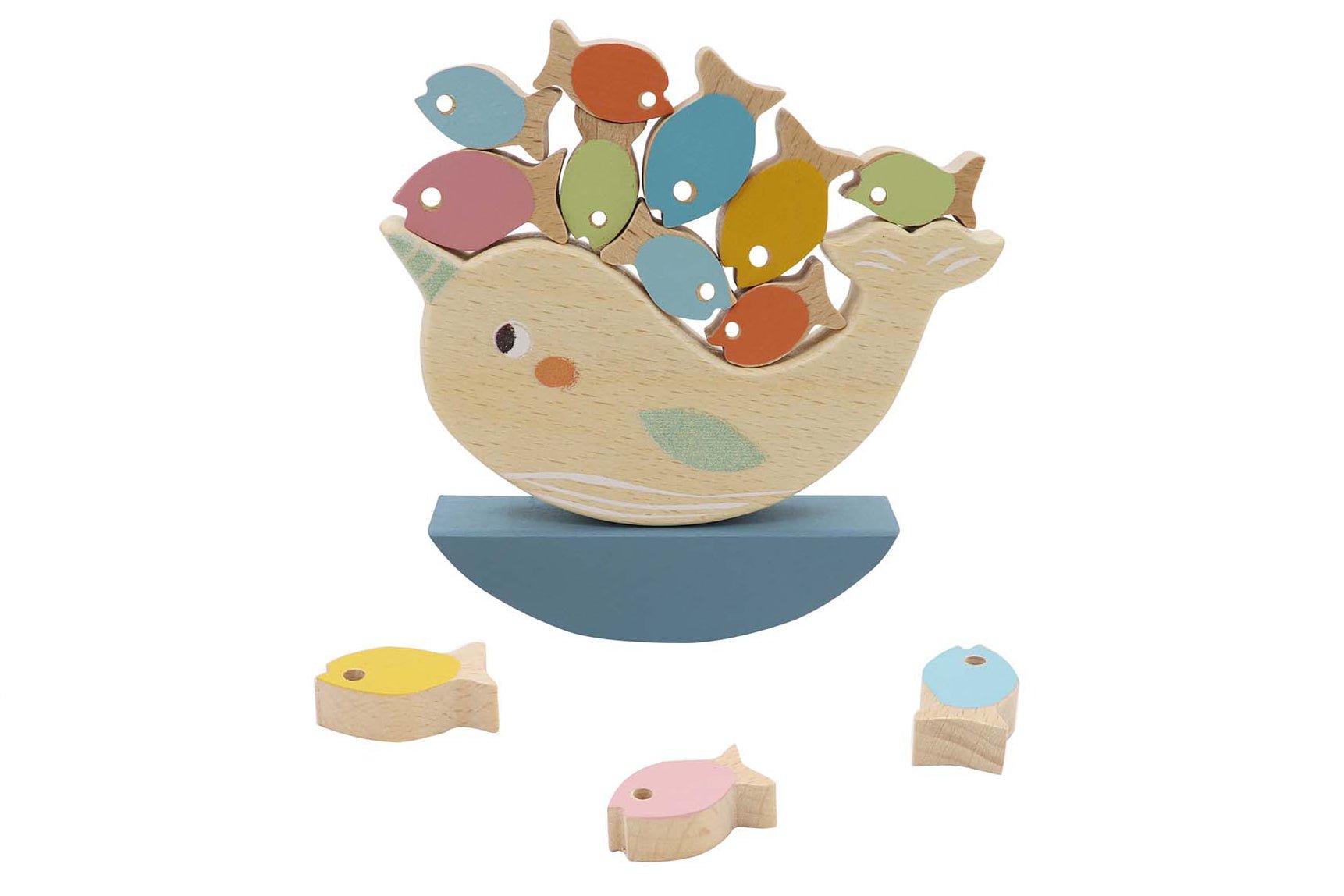 Wooden fish balancing game for kids, promoting fine motor skills and hand-eye coordination.