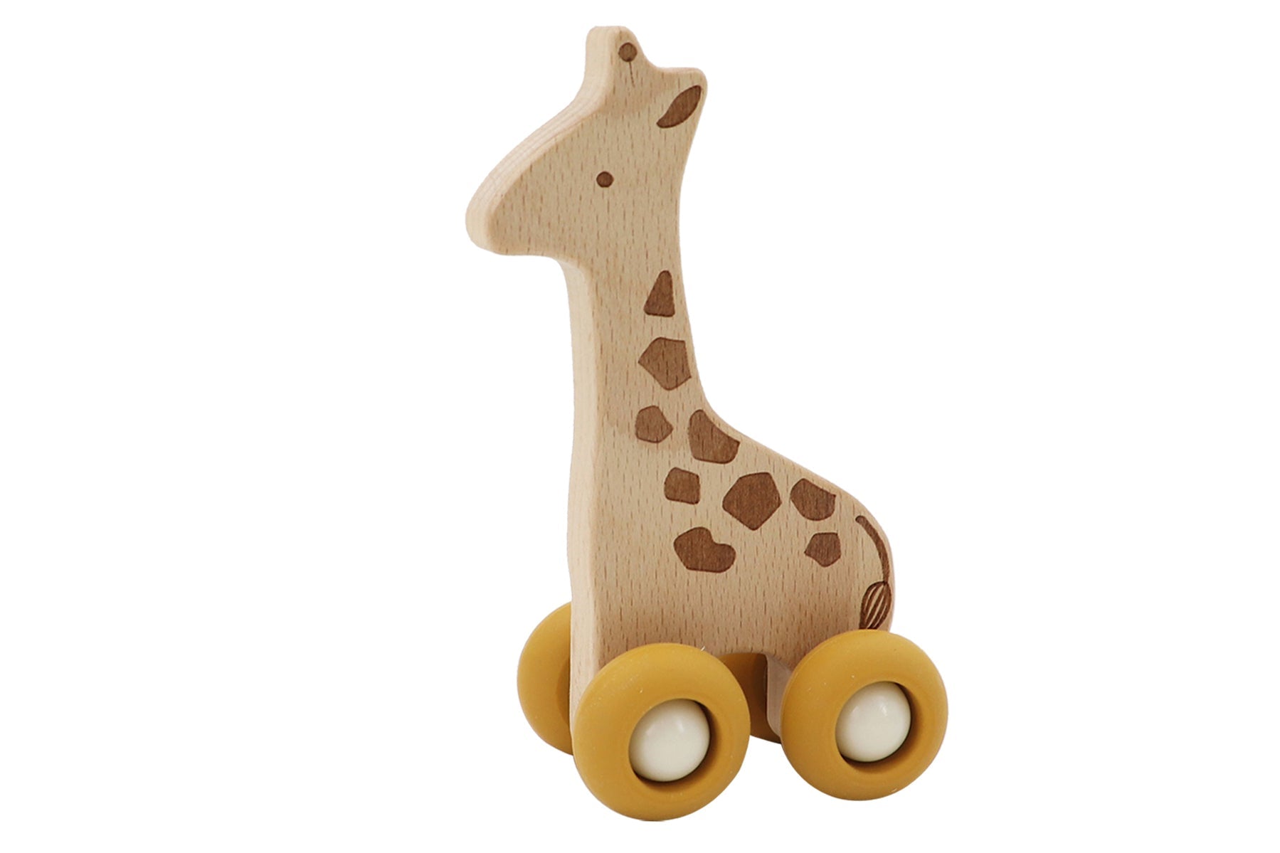 Wooden giraffe toy with durable silicone wheels, perfect for imaginative play at home.