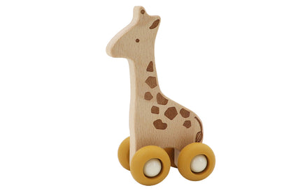 Wooden giraffe toy with durable silicone wheels, perfect for imaginative play at home.