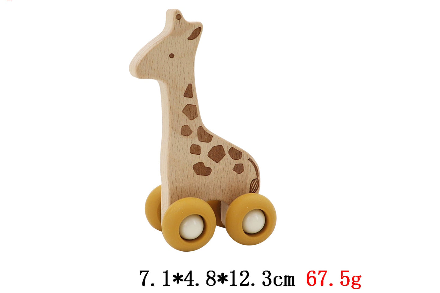 Wooden giraffe toy with silicone wheels for imaginative play and child development at home.