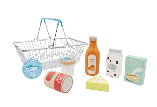 Wooden groceries playset with metal basket for imaginative play at home for kids.