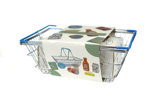 Wooden groceries playset with metal basket for pretend play kitchen fun for kids.