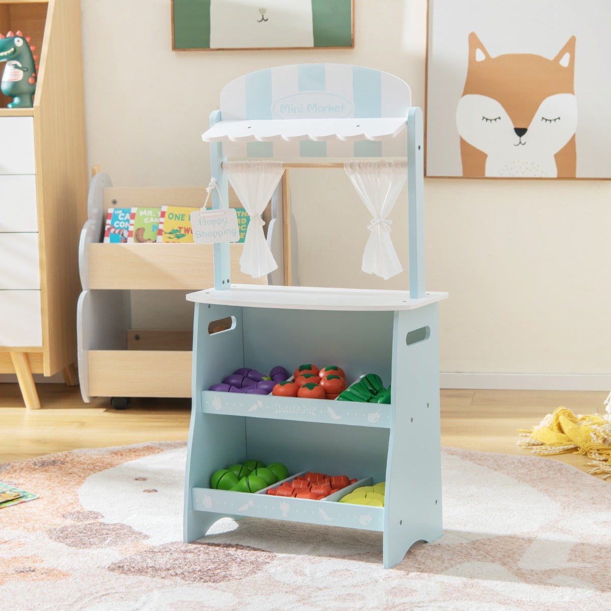 Shop and Learn with Our Wooden Grocery Store in Blue