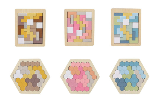 Colorful wooden hexagon and pentomino puzzle for engaging children in creative problem-solving at home.