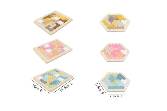 Wooden Hexagon and Pentomino Puzzle for kids educational play and spatial skills development.