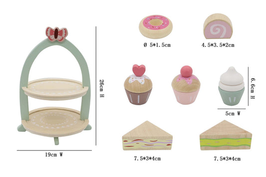 Wooden high tea stand playset for imaginative tea parties, perfect for childrens pretend play.