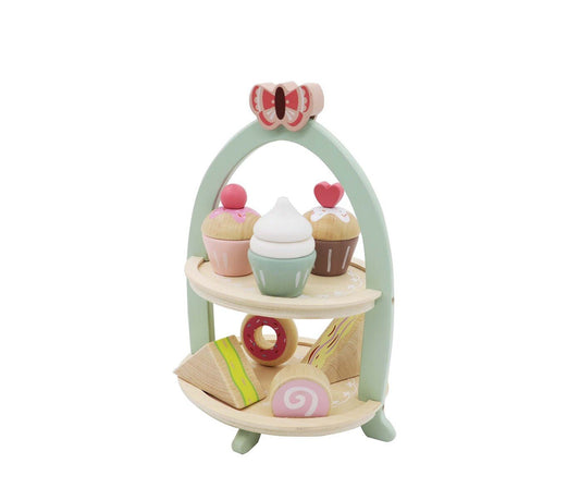 Wooden high tea stand playset for imaginative kids home tea parties.