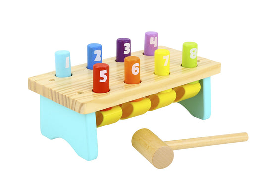 Childrens wooden knock bench with 8 pins for motor skill development and fun playtime.