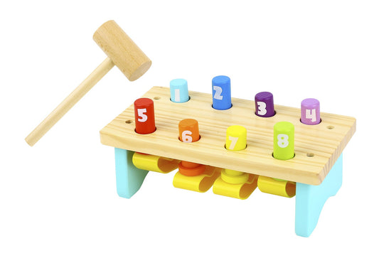 Colorful wooden knock bench with 8 pins | educational toy for childrens fine motor skills.