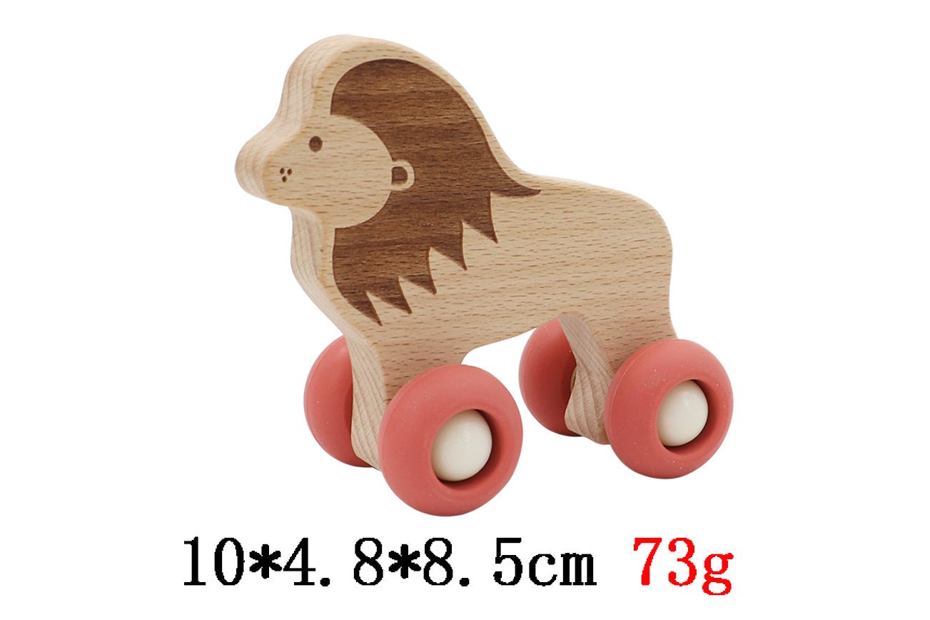 Wooden lion toy with silicone wheels for safe and fun playtime at home.