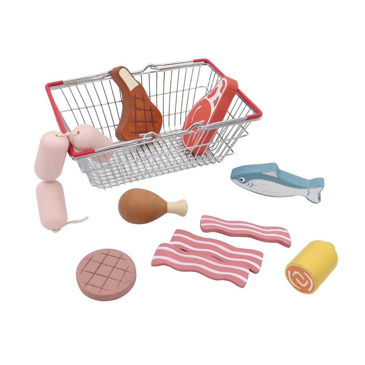 Wooden meat and fish playset in metal basket for imaginative pretend play fun at home.