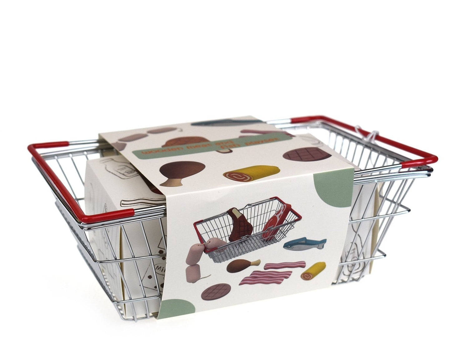 Wooden meat and fish play set in metal basket for imaginative childrens kitchen play.