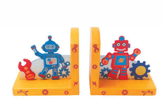 Wooden robot bookend for kids room decor, holding books in place with charming design.