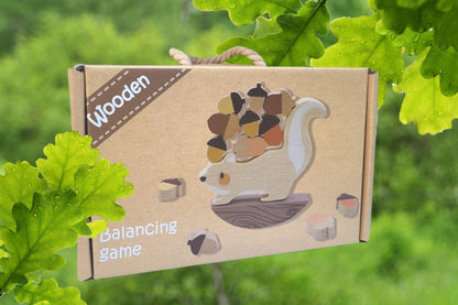 Wooden Squirrel Balancing Game for kids home play, promoting fine motor skills and coordination.