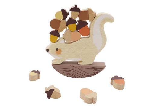 Wooden squirrel balancing game, educational toy for kids, develops motor skills and coordination.