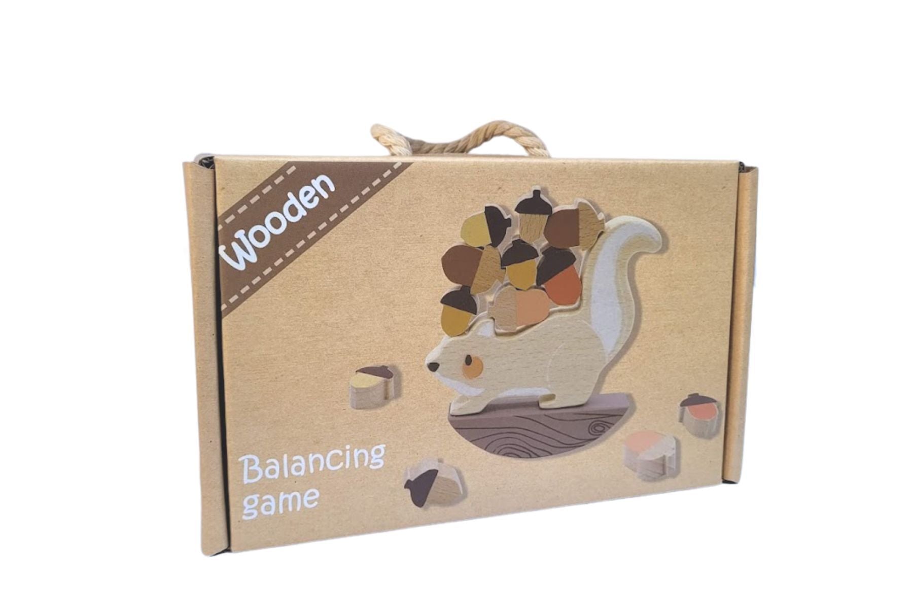 Wooden squirrel balancing game for kids, promotes hand-eye coordination and fine motor skills.