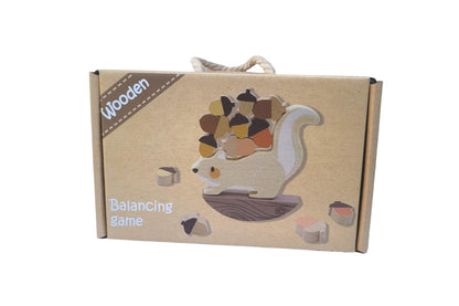 Wooden squirrel balancing game for kids, promoting fine motor skills and coordination.