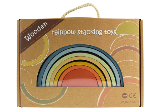 Colorful wooden stacking rainbow toy for creative play, perfect for childrens home decor.