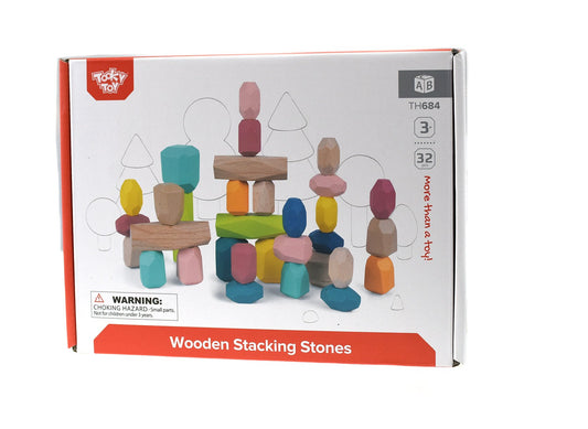 Large 32-piece wooden stacking stone blocks for creative play and development in kids homes.