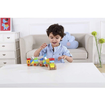 Colorful wooden stacking train toy for toddlers, promotes motor skills and imaginative play.