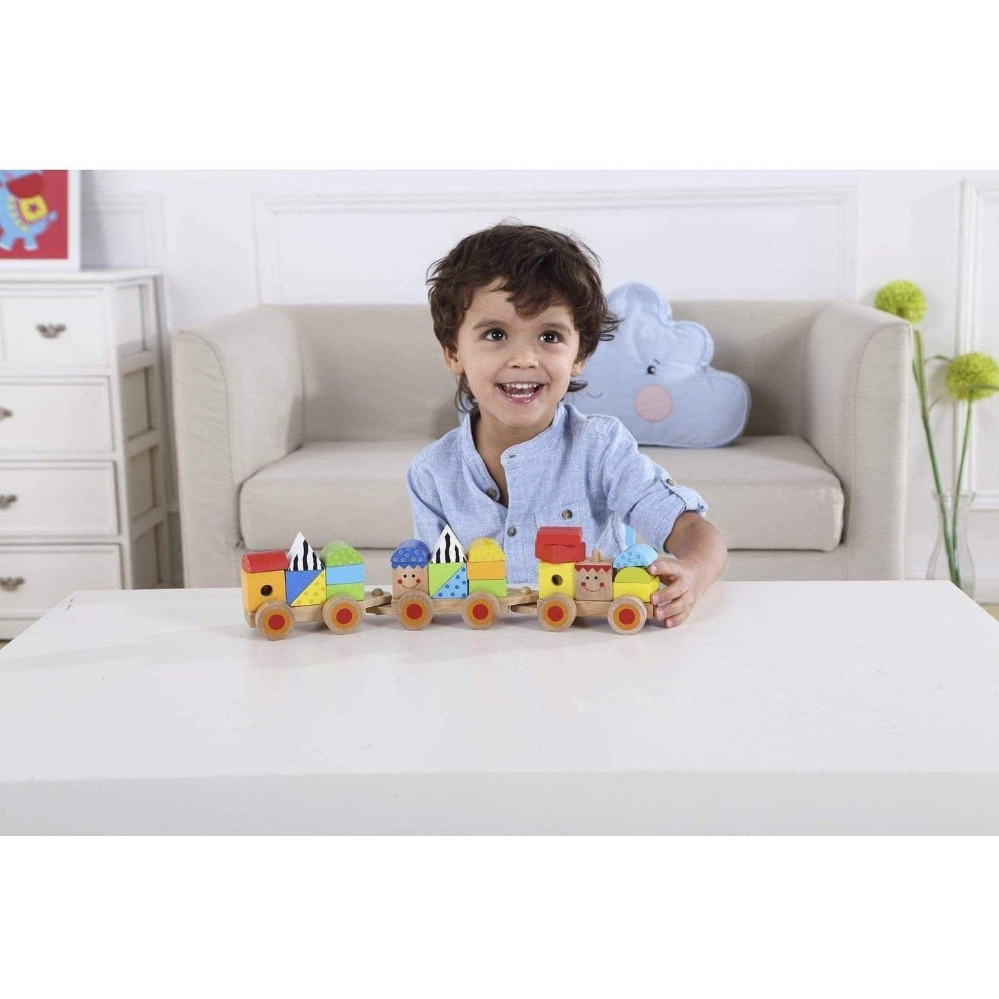 Colorful wooden stacking train toy for creative play and development, perfect for kids at home.