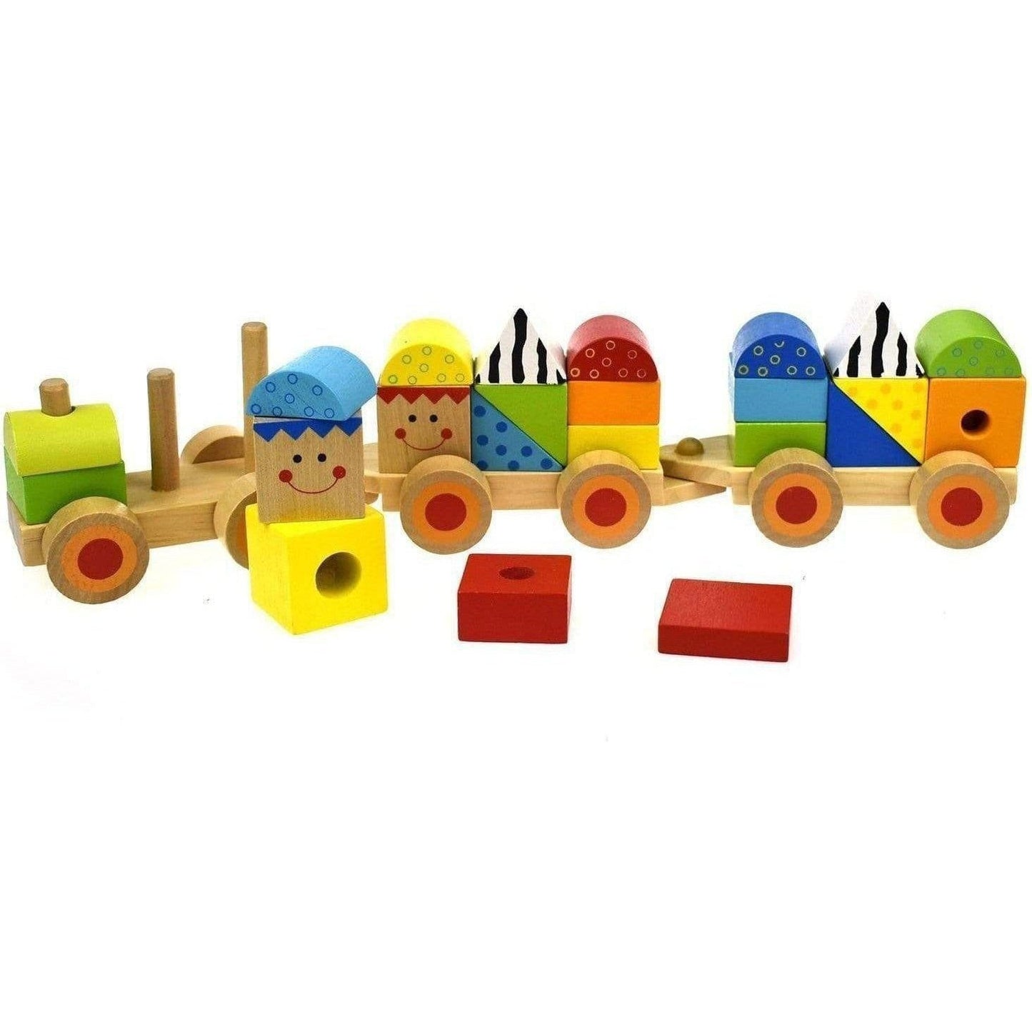 Colorful wooden stacking train toy for imaginative play, ideal for toddlers and preschoolers.