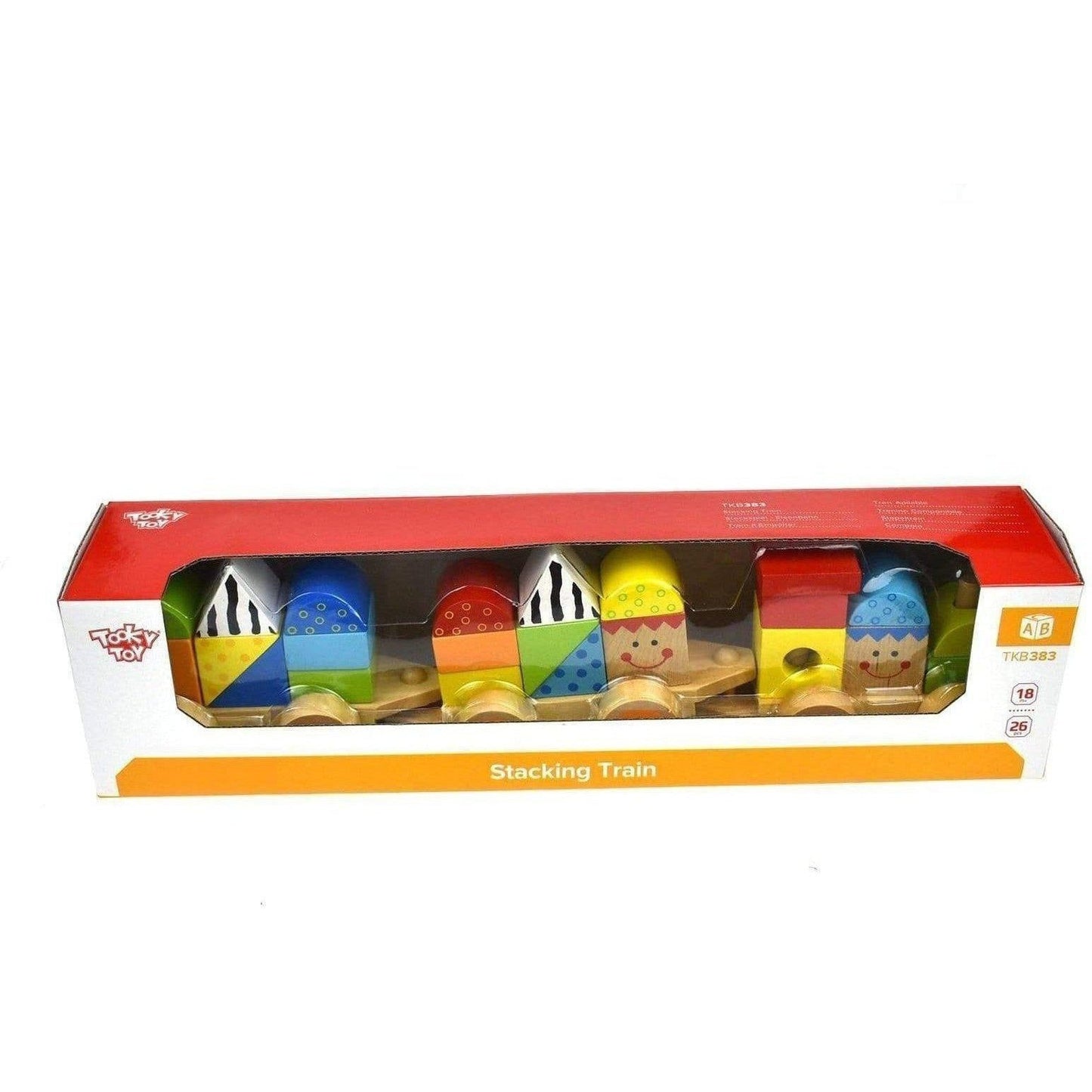 Colorful wooden stacking train toy for toddlers, promotes motor skills and creative play at home.