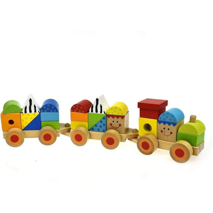 Colorful wooden stacking train toy, ideal for developing motor skills and creativity in children.