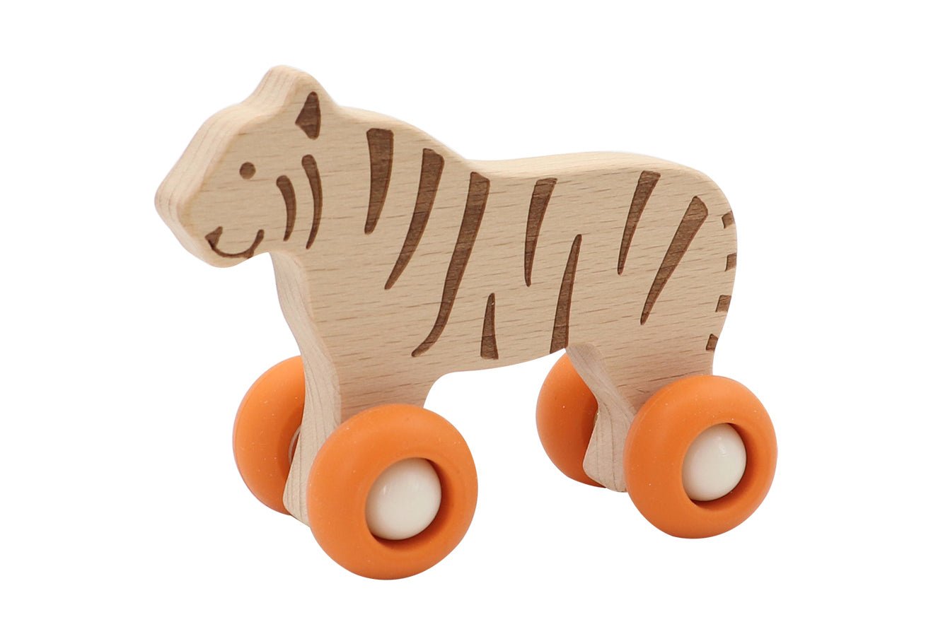 Wooden tiger toy with durable silicone wheels, perfect for imaginative play.