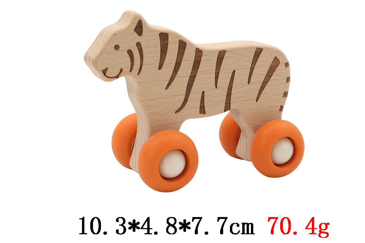 Wooden tiger toy with silicone wheels for safe and quiet playtime at home.