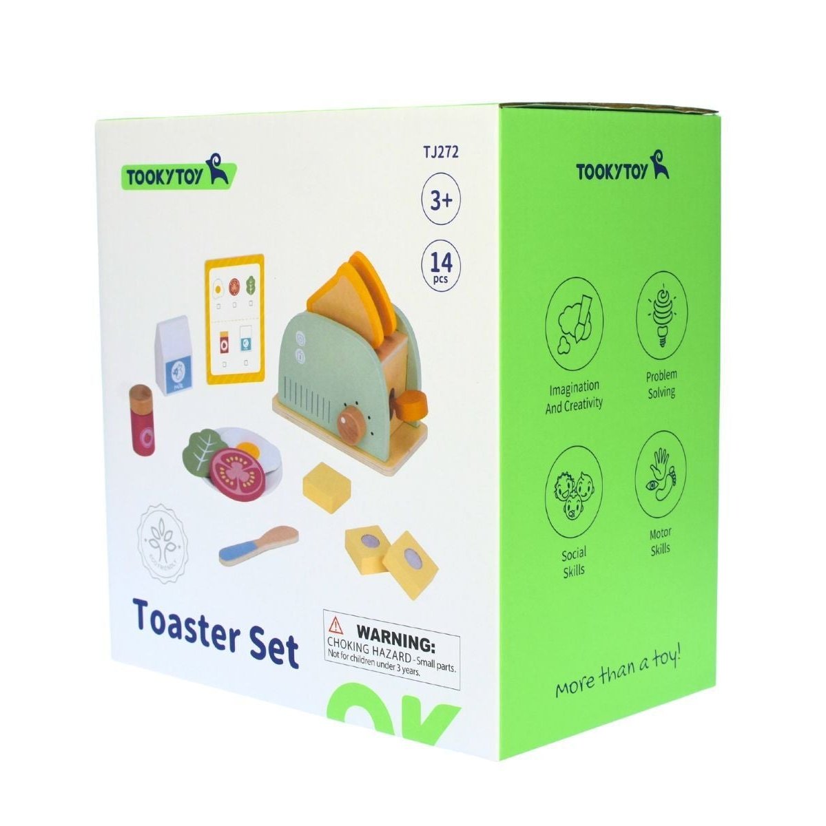 Kids wooden toaster breakfast set with pretend play food for imaginative playtime.