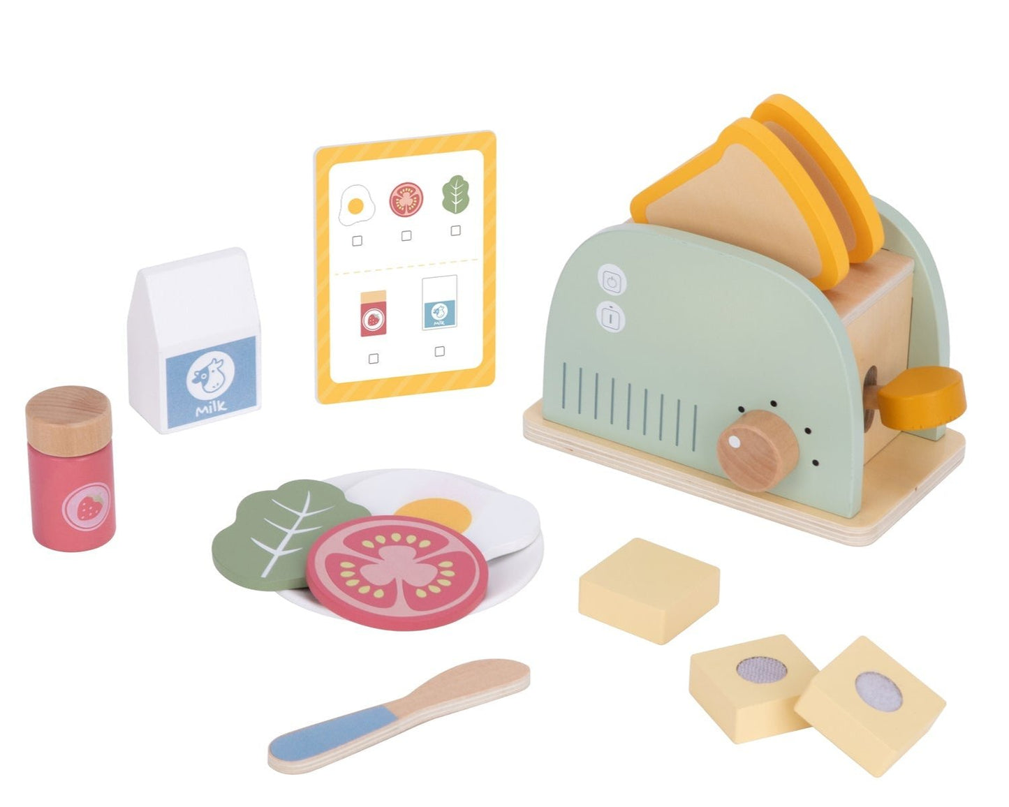 Kids wooden toaster breakfast set for imaginative play, including toast, butter, and jam.