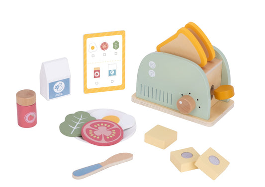 Kids wooden toaster breakfast set for imaginative play, including toast, butter, and jam.