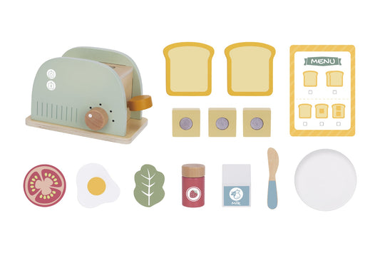 Kids wooden toaster breakfast set for imaginative play, includes toy toast and butter.