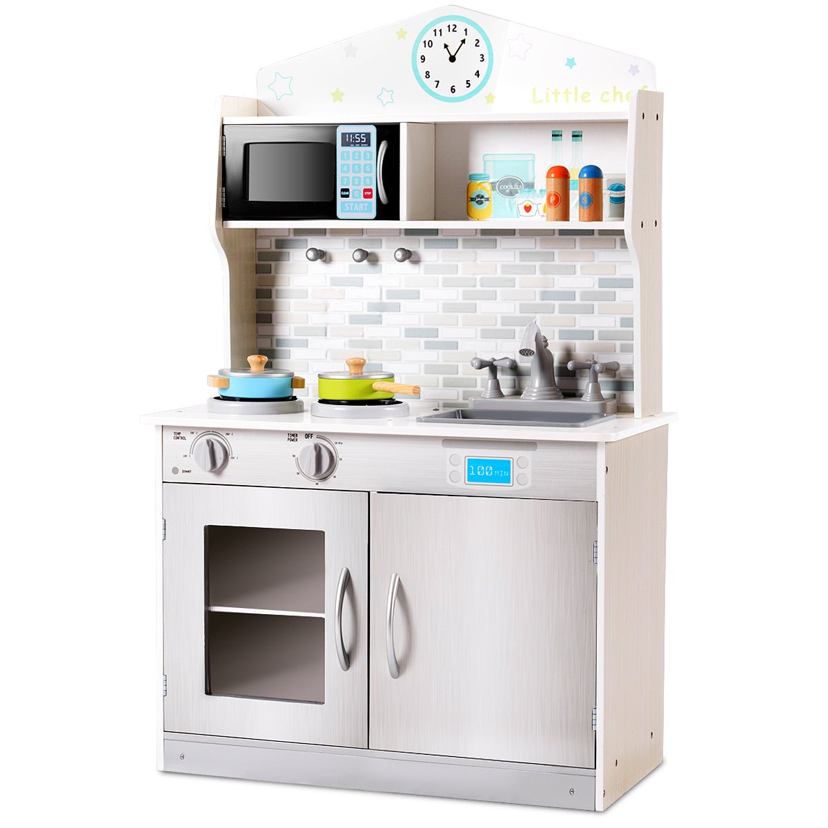 Wooden Toy Kitchen Playset - Grey Microwave Included