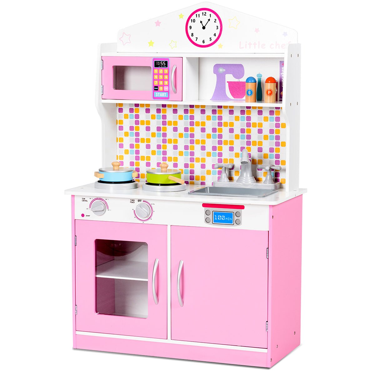 Wooden Toy Kitchen Playset - Pink Microwave Included