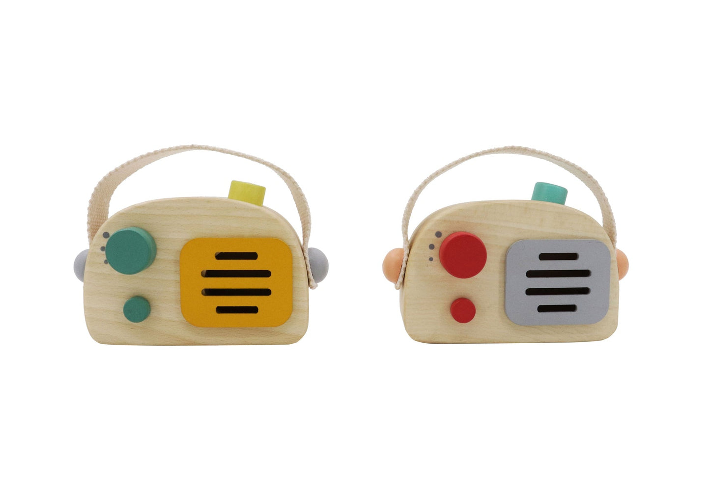 Wooden toy radio music box in vintage green transistor design for playful childrens home decor.