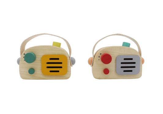 Wooden toy radio music box in vintage green transistor design for playful childrens home decor.