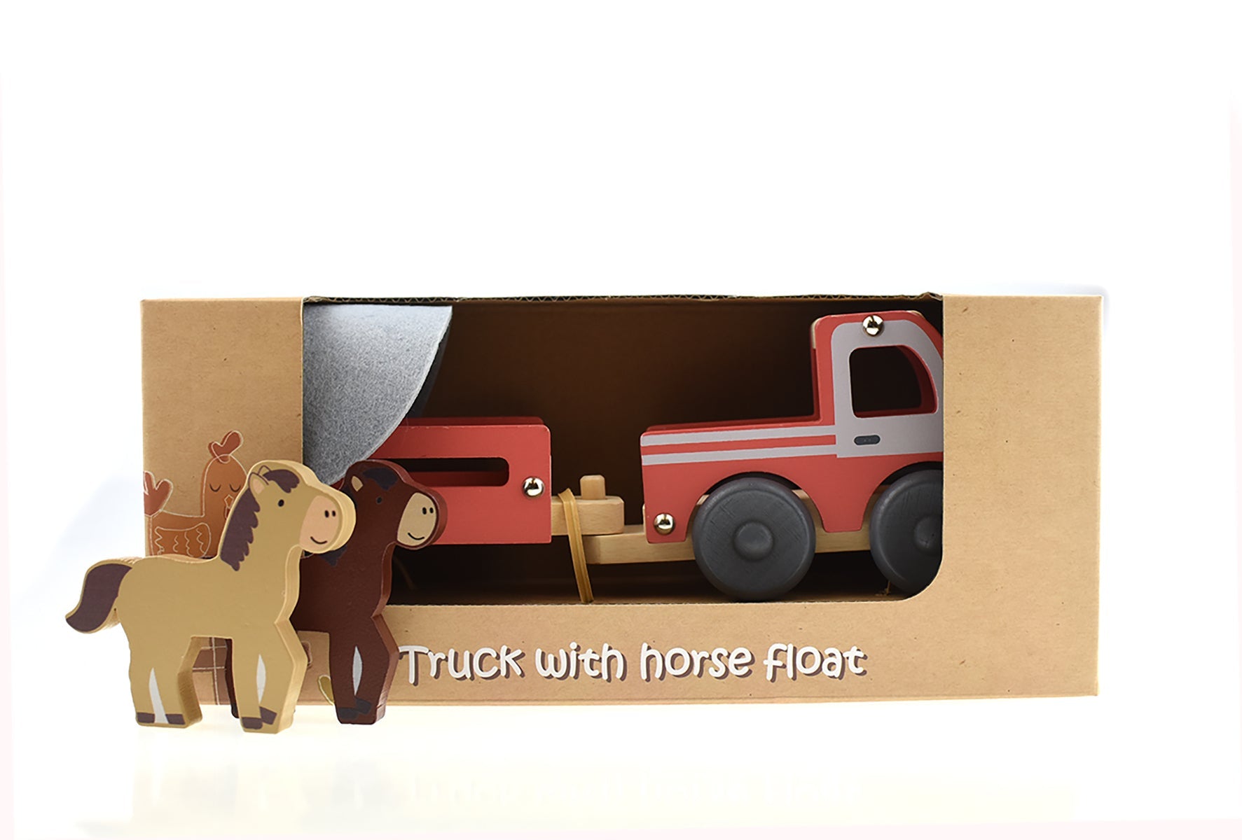 Wooden toy truck with detachable horse float for imaginative play at home