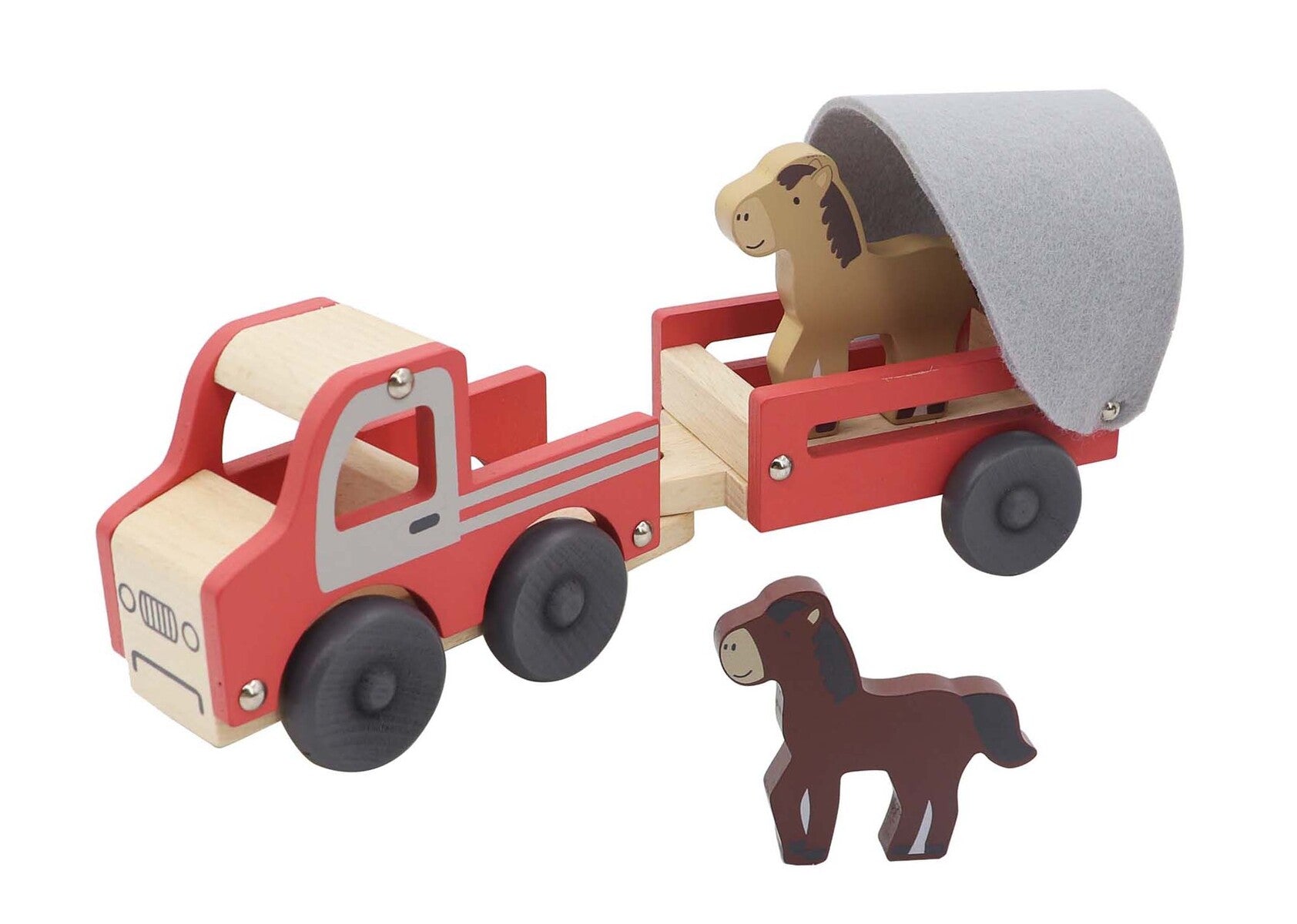 Wooden truck toy with detachable horse float for imaginative play, perfect for kids creativity.