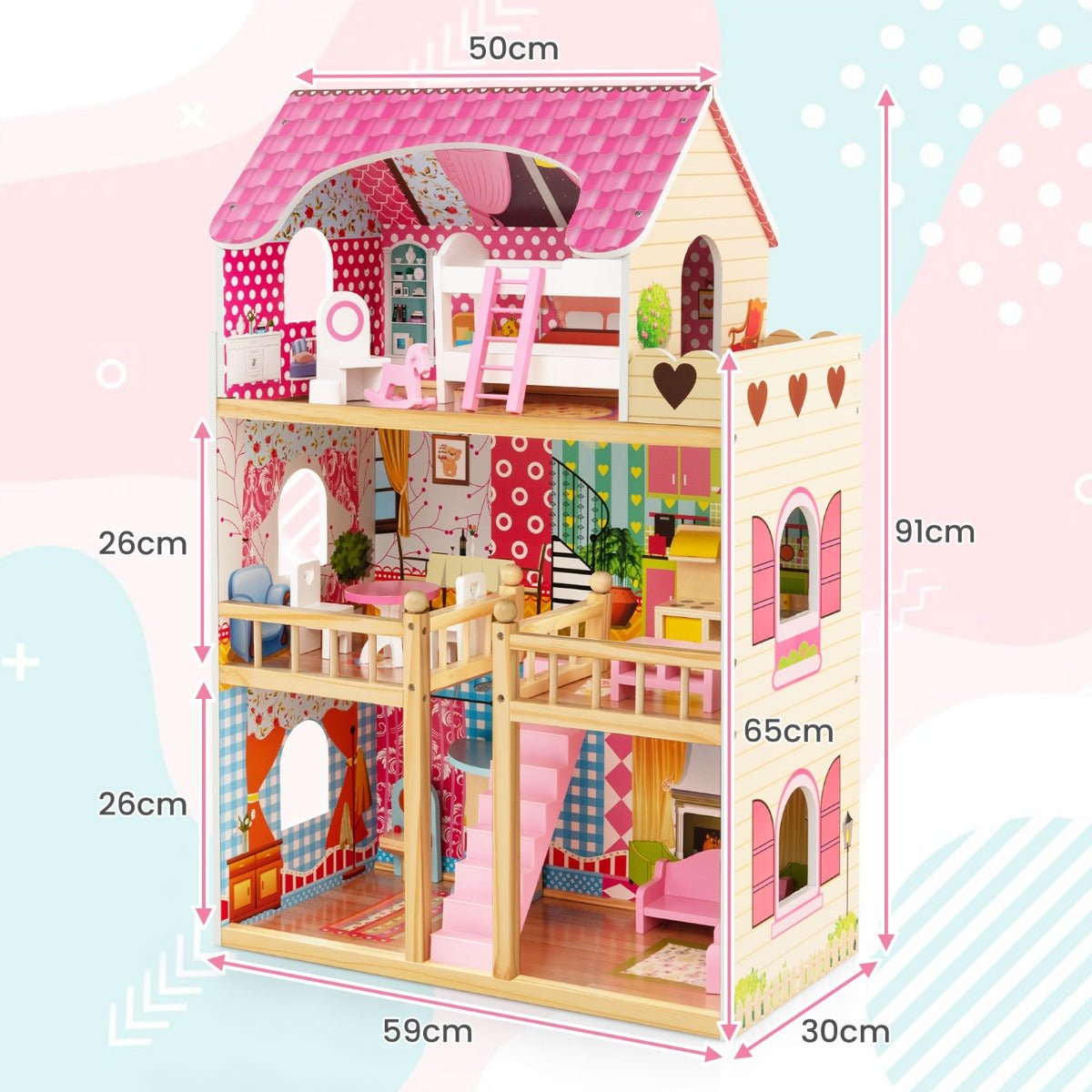 Wooden 3-story dollhouse with furniture set, ideal for imaginative play in kids dream home.