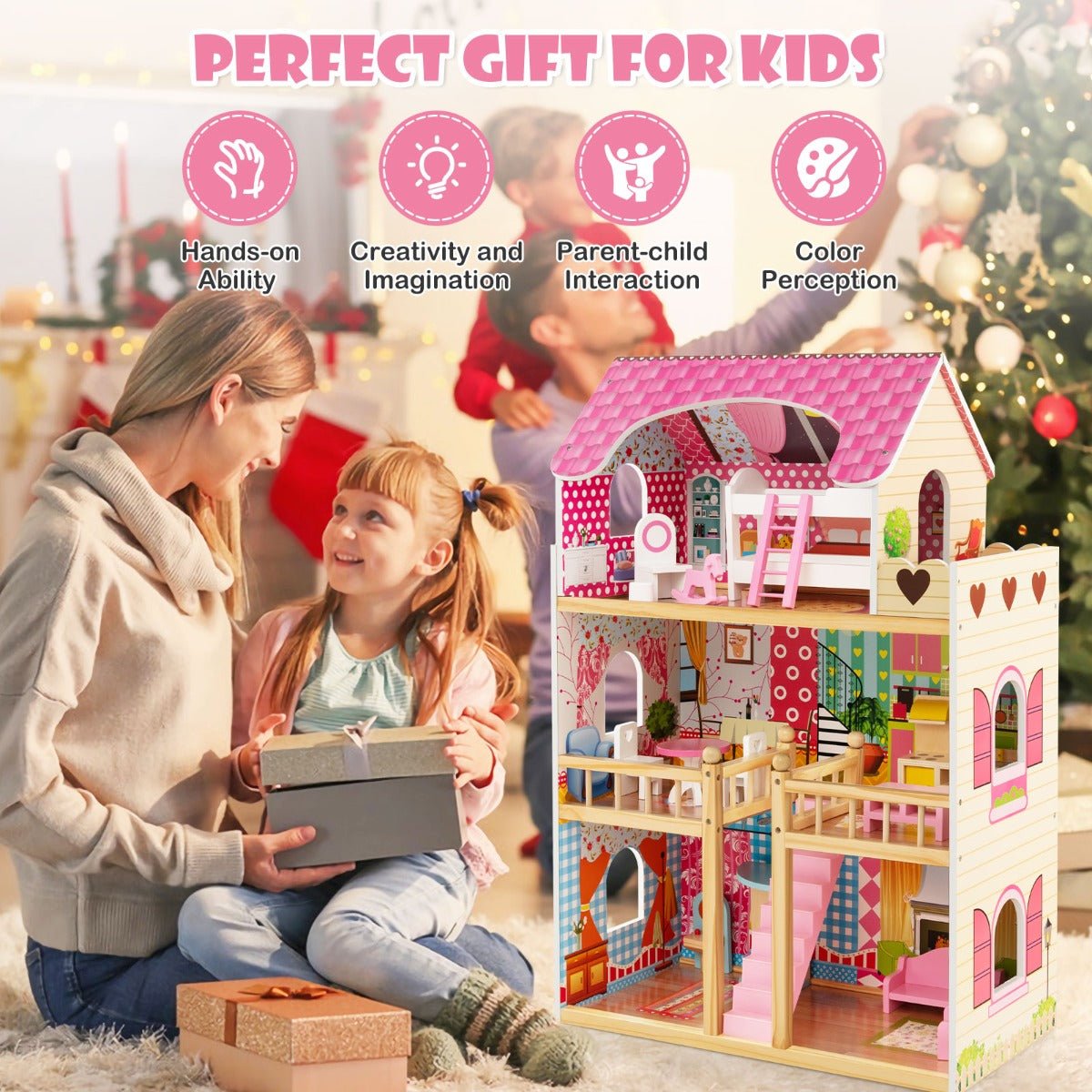 Wooden 3-story dollhouse with furniture set for imaginative play in kids dream home