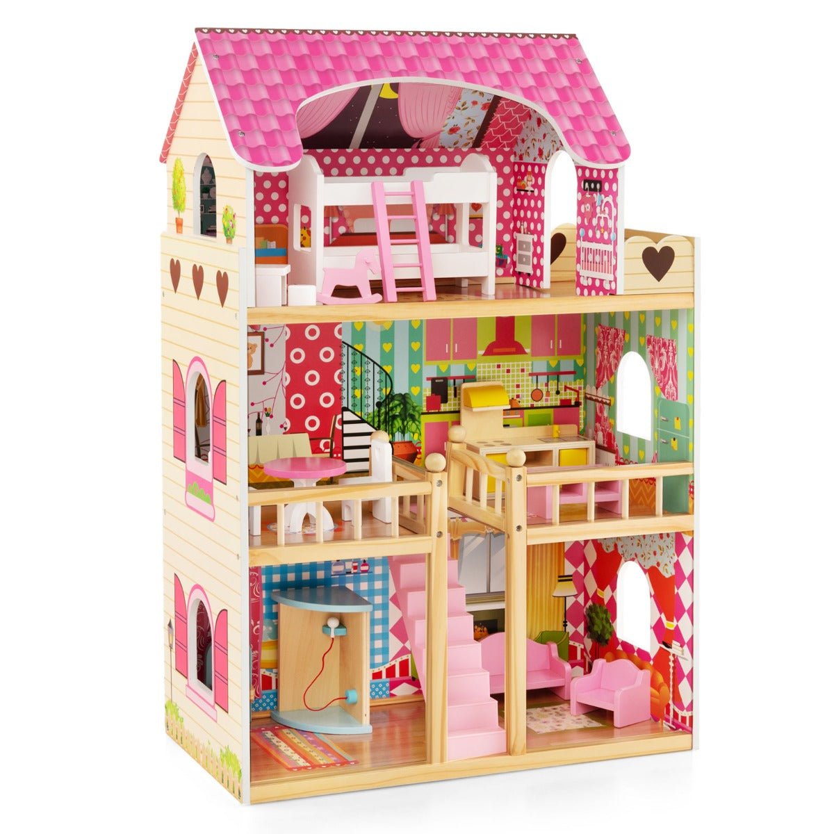 Wooden 3-story dollhouse with furniture set for kids imaginative play and dream home fun.