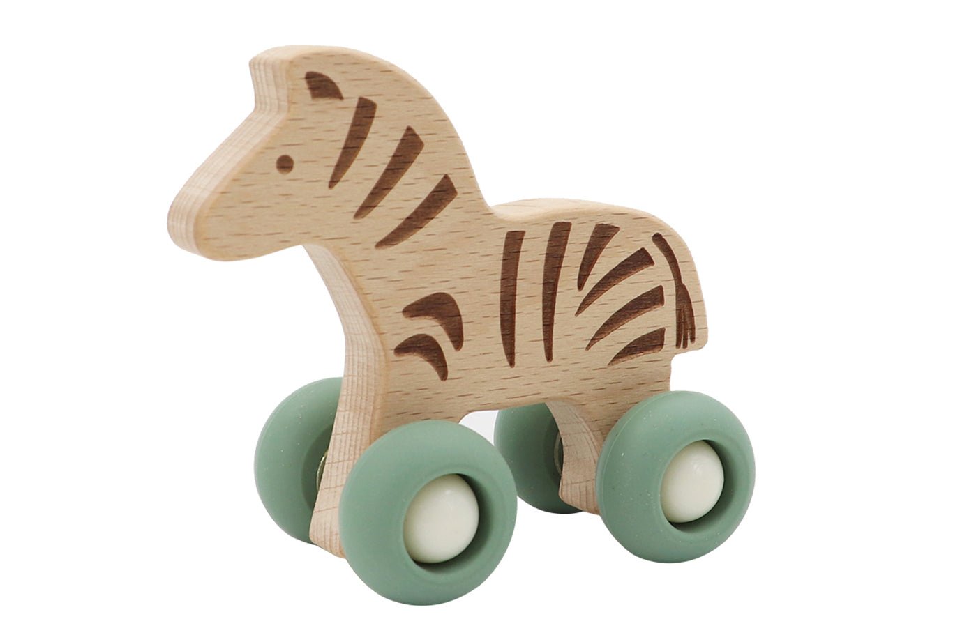 Wooden zebra toy with durable silicone wheels, perfect for interactive play in childrens spaces.