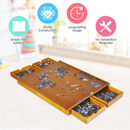 Kids wooden puzzle table with 4 drawers, designed for playful and organized home learning.