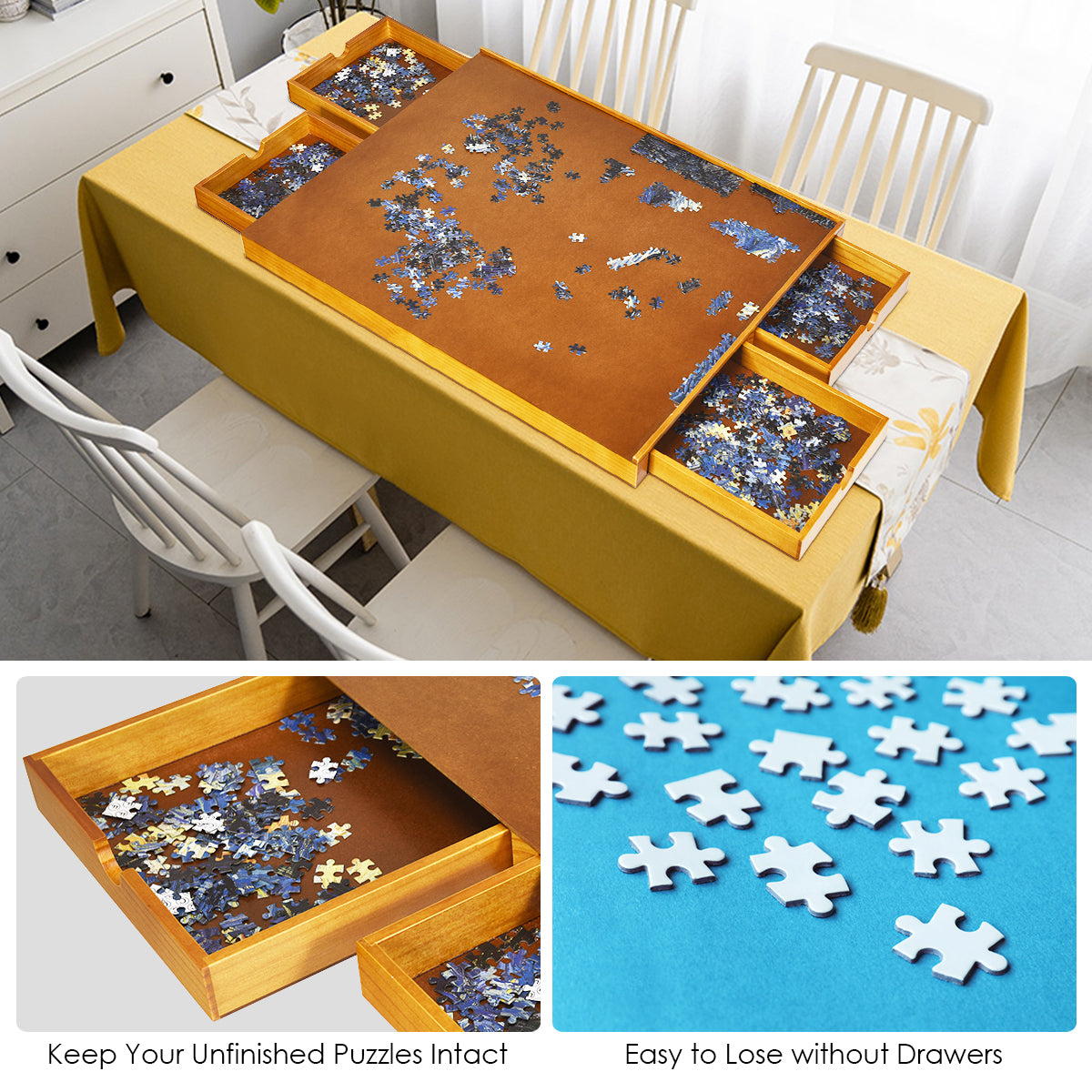 Kids wooden puzzle table with 4 drawers, perfect for playtime and storage organization.