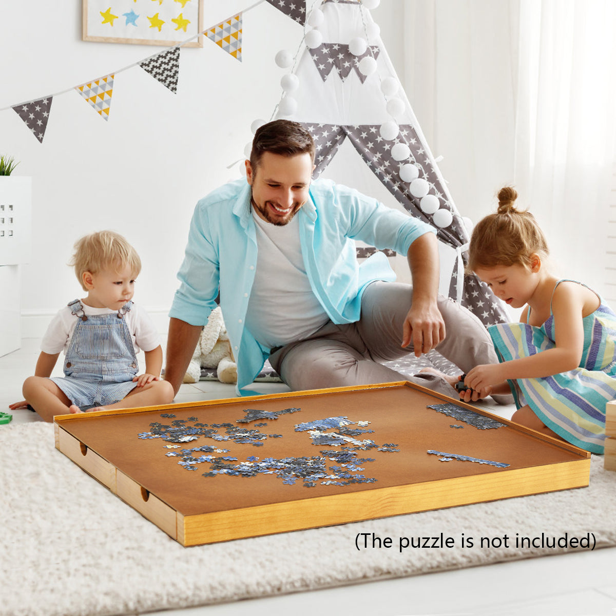 Kids wooden puzzle table with 4 drawers, perfect for creative play and storage.